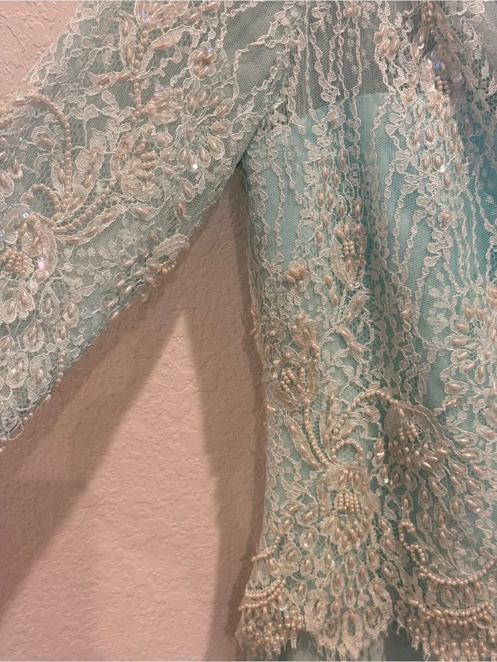 Vintage Mint Lace Appliqué Evening Gown - Picture 6 of 7
